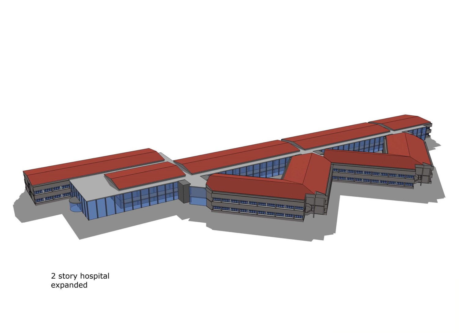 12 Schematic 2 story, African style hospital, for 200 beds, put together with the modular elements